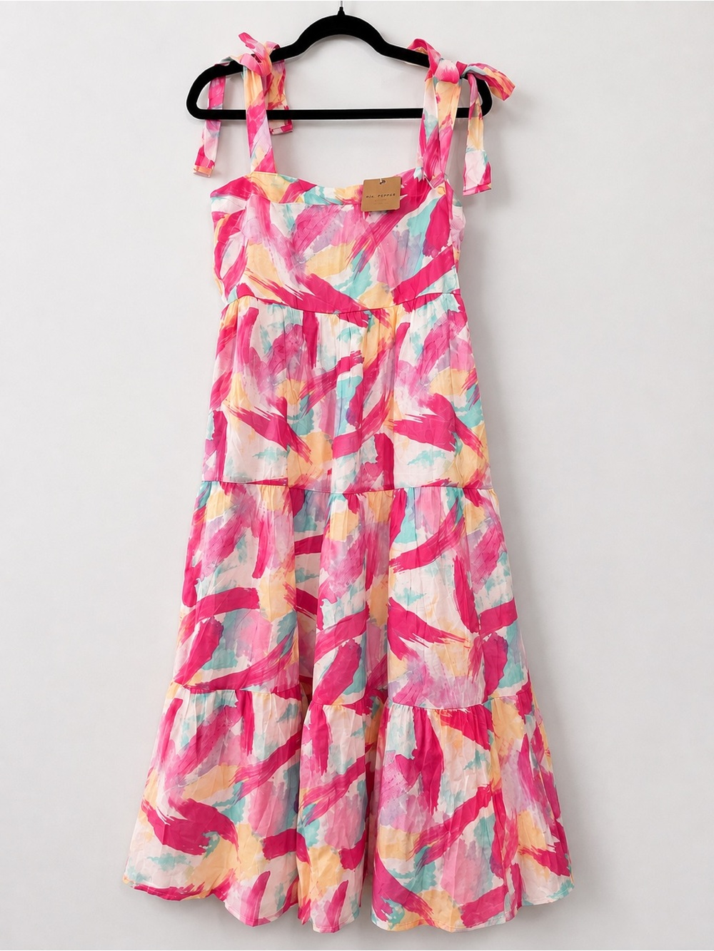 NWT Blu Pepper Fuchsia Multi Brush Stroke Tiered Maxi Dress Large